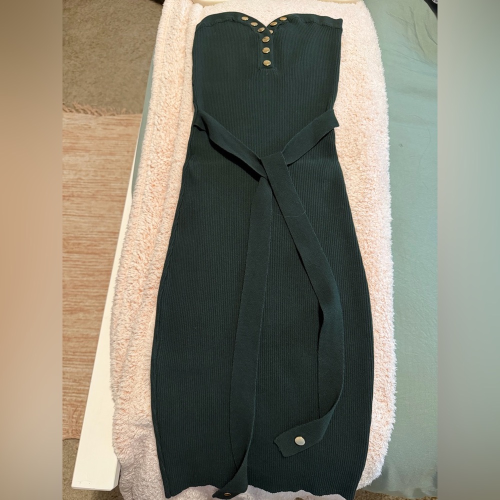 Fashion Nova Green Ribbed Midi Dress with Self Tie Belt